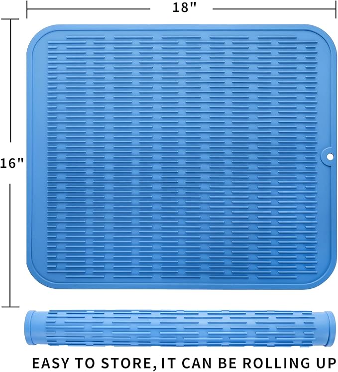 Silicone Dish Drying Mat for Multiple Usage,Easy clean,Eco-friendly,Heat-resistant Silicone Mat for Kitchen Counter or Sink,Refrigerator or Drawer Liner Lichen BlueL 2XL 24 inches x 18 inches - Bloomnest