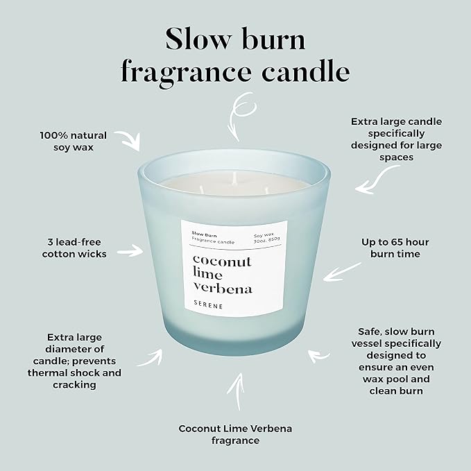 Hidden Label Large Scented Candle, Coconut Lime Verbena, 30oz 3 Wick Huge Candle, Serene Collection Slow Burn Natural Soy Candles for Home Scented - Bloomnest