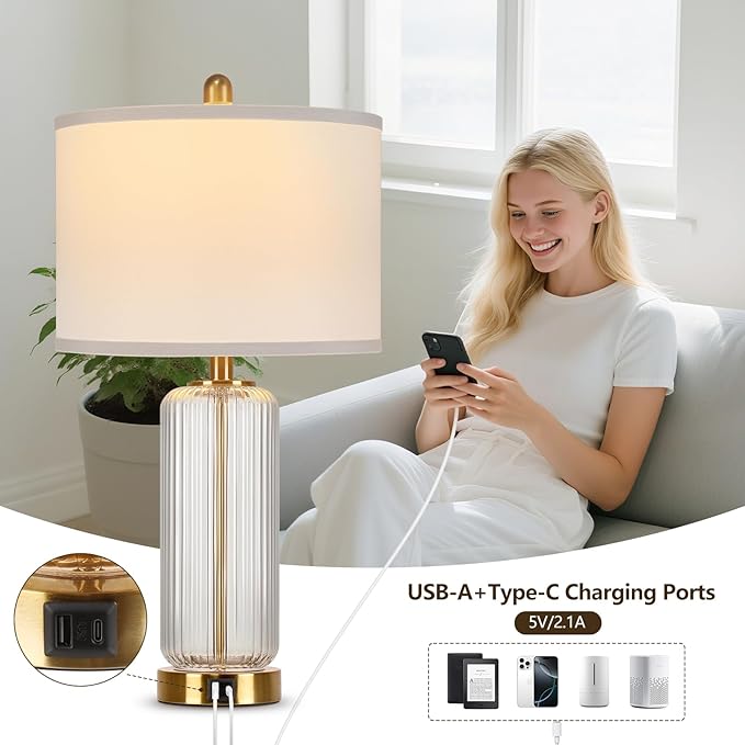 Table Lamps Set of 2 with Touch Control, 27" Modern Glass Bedside Lamps with USB A+C Ports, 3-Way Dimmable Nightstand Lamp with Vertical Grained Glass, Bedside Table Lamps, Desk Lamp for Bedroom - Bloomnest