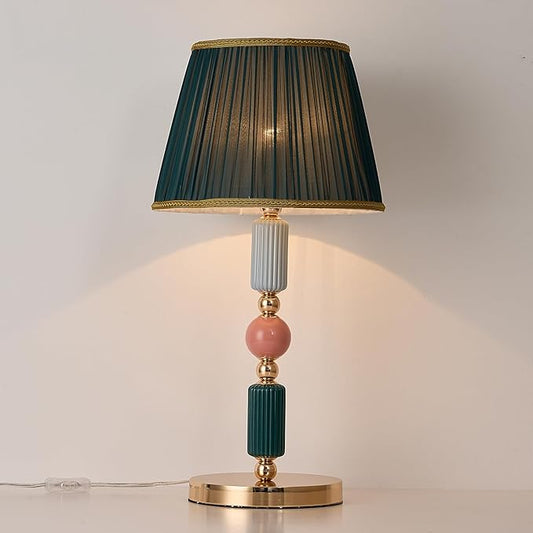 Green Fabric Shade Table Lamp Modern Metal Desk Lamp with Plug Cord Switch for Bedroom Bedside - Bloomnest