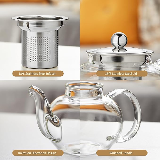 Glass Teapot Stovpetop Safe,20 oz/ 600 ml Stove Top & Microwave Safe Small Borosilicate Glass Kettle with Loose Leaf Tea Strainer For Flower Blooming Tea, Clear - Bloomnest