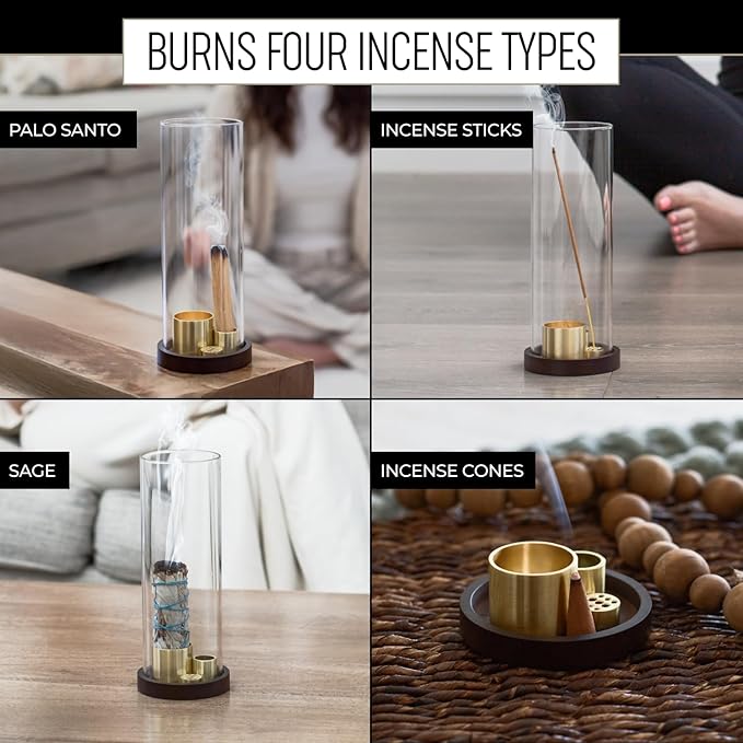 4 in 1 Wood Incense Burner with Glass Ash Catcher, Incense Holder for Sticks, Palo Santo, Sage and Cones - Wood Ash Catcher Tray for Meditation Yoga Room Home Decor - Bloomnest
