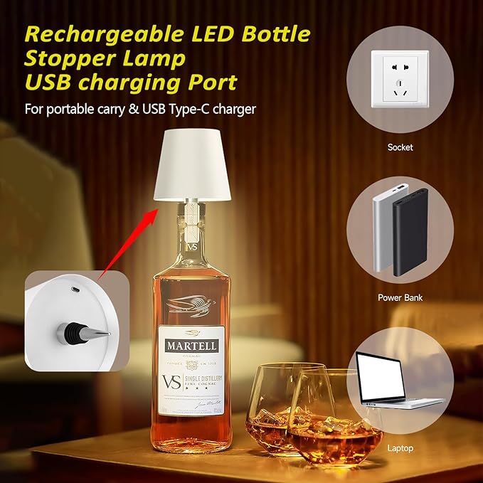2025 New Wireless Bottle Lamp - LED Bottle Lights for Liquor & Wine Bottles, Cordless Lampshade, Whiskey Bottle Top Light, Bottle Stopper Night Light Kit, Rechargeable 3-Tone Touch-Dimmable - Bloomnest