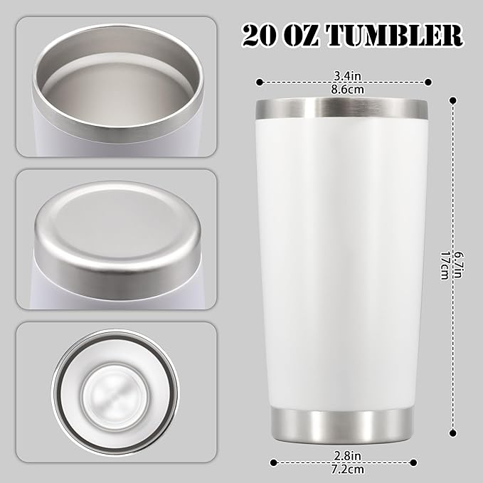 20 oz Tumbler with lid Double Wall Vacuum Insulated Tumblers Stainless Steel Coffee Mug Travel Coffee Tumbler Powder Coated Tumbler Cup Keep Hot&Cold - (White 12 Pack)