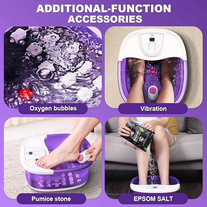 Foot Spa Bath Massager with Heat [2025 Upgraded], Vibration, Temperature Control, Jets, Bubbles and Epsom Salt, Foot Bath Soak Tub with 22 Massage Rollers, Feet Soaking Tub for Relaxation, Purple