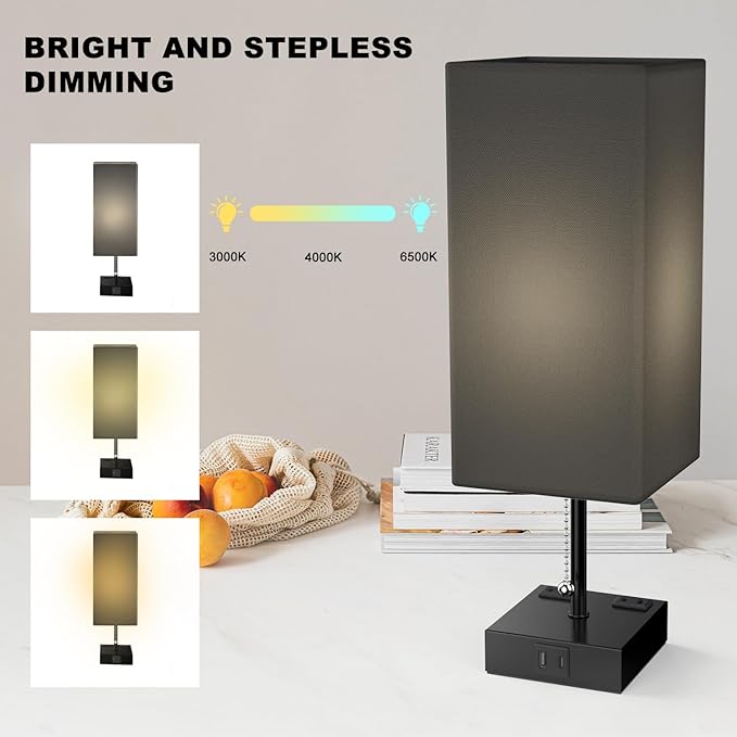 Table Lamp for Bedroom with USB,Bedside Lamp with USB C+A Charging Ports,Adjustable 3color LED Light for Home Decor/Nightstand/Office,Included Bulb and Fabric Lamp Shade (Linen Black, 1PCS) - Bloomnest