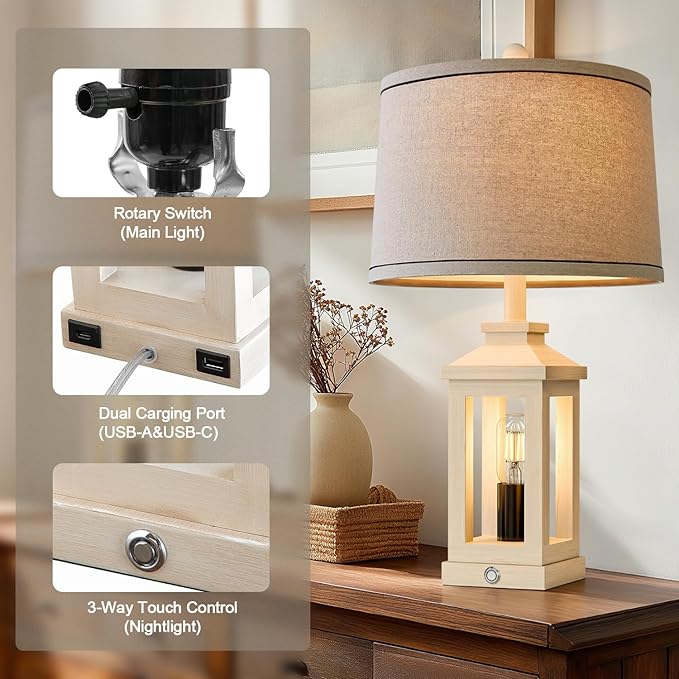 BOBOMOMO 23.75" Antique White Farmhouse Table Lamps Set of 2 – Vintage Nightstand Lamps with 3 Way Dimmable Touch Control Night Light & USB A+C Ports, Rustic Lamps for Bedroom, Living Room, Hallway