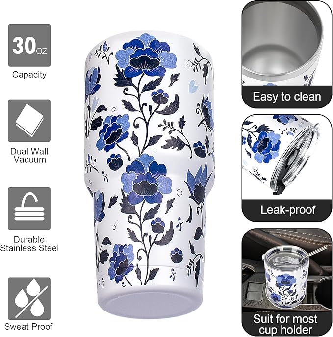 30 oz Tumbler with Lids and Straws Double Wall Insulated Tumbler Cup,Stainless Steel Vacuum Tumbler Powder Coated Travel coffee Mug for Cold and Hot Drinks,Blue and White Porcelain - Bloomnest
