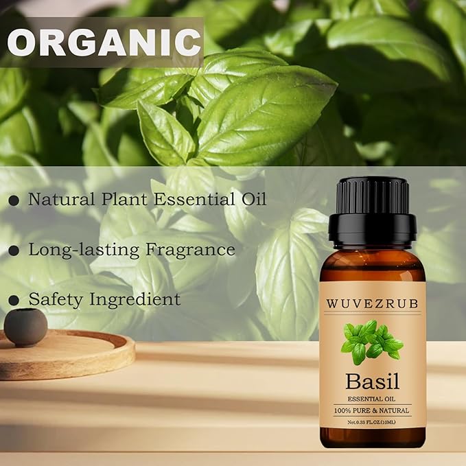 Basil Essential Oils 10ML, 100% Pure and Natural Essential Oil for Aromatherapy Diffuser - 0.33 Fl Oz/Basil WUVEZRUB
