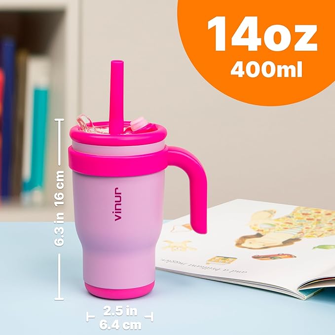 VINUR Kids Tumbler with Handle -14 oz Stainless Steel Vacuum Insulated Leak Proof Travel Tumbler with 2-in-1 Straw Lid-Gifts for Girls, Purple Pink - Bloomnest