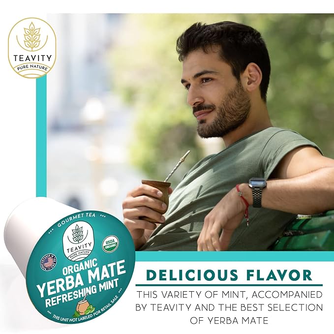Organic Yerba Mate Refreshing Mint Tea Pods - Naturally Caffeinated Yerba Mate Tea Pod for Keurig Brewers by Teavity (24 Tea Pods) - Bloomnest