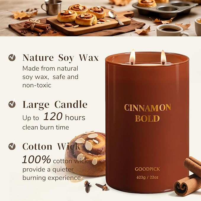 Goodpick Cinnamon Bold Scented Soy Candle, 22oz Long Burning 120H, Warm Spicy Vanilla Clove Gourmand, Home Aromatherapy Candles - Bloomnest