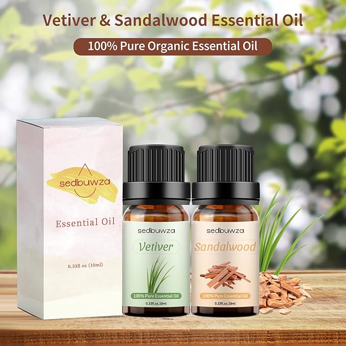 Sedbuwza Sandalwood Vetiver Essential Oil Set, Sandalwood Fragrance Oil Vetiver Scent Oil Set for Diffuser, Aromatherapy, Massage, Soap, Candle Making 2 x 10 ml Sedbuwza
