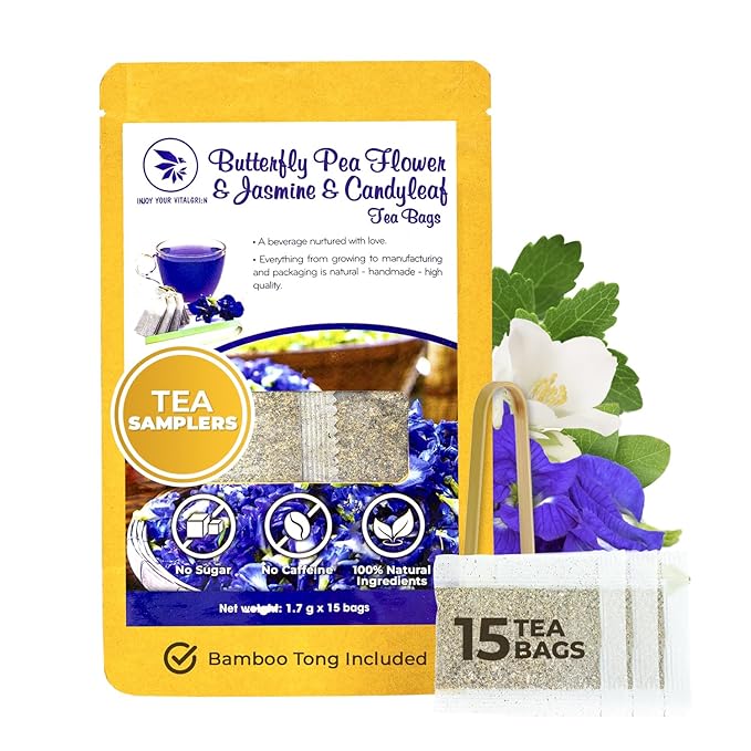 Butterfly Pea Flower Tea Samplers with Jasmine & Stevia - 15 Count, Mini Tea Bags, Bamboo Tong Included, No Sugar Added, Re-Steep Natural Herbal Tea Blend for Skin,Support - Bloomnest