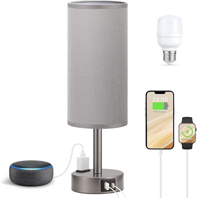Fenmzee Grey Bedside Table Lamp for Bedroom - 3 Way Dimmable Touch Lamp USB C Charging Ports and AC Outlet, Small Lamp for Living Room, Desk, LED Bulb Included - Bloomnest