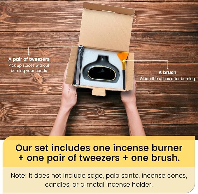 Ceramic Incense Holder Set-Handcrafted Palo Santo&Sage Cone Burner with Holes, Smudge Bowl for Meditation&Yoga-Palo Santo Holder Burner with Brush&Tweezer-Home Decor for Relaxation, Black - Bloomnest