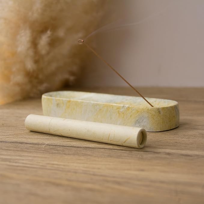 Marble-Patterned Concrete Incense Holder, with A Box of Jasmine Incense, 7.1 Inch Catches Falling Incense Ash, A Poetic and Artistic Gift for Yoga＆Meditation(GreenYellow) - Bloomnest