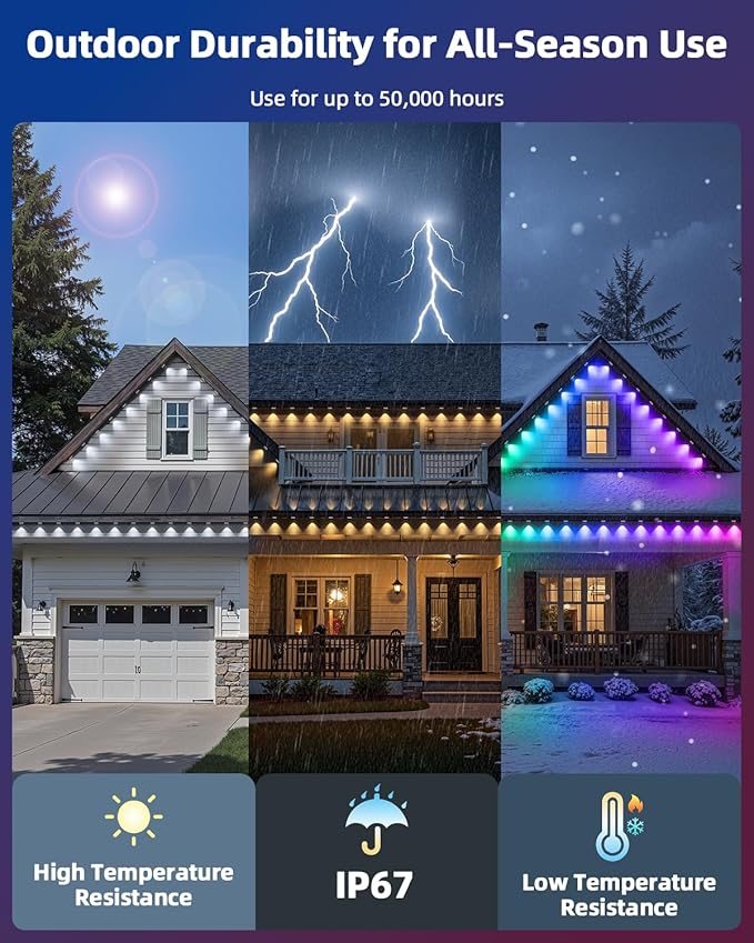 REYLAX 50FT Permanent Outdoor Lights with 30 LED Lights, RGB+IC Eaves Lights, IP67 Waterproof, Multi Scenes for Outdoor Christmas Holidays Decor, Works with APP & Remote Control, White - Bloomnest