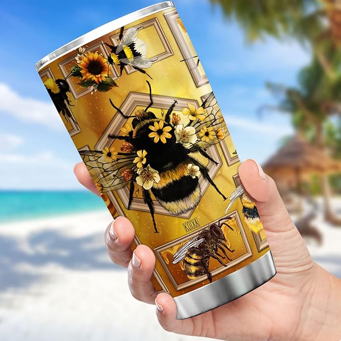 Bee Tumbler With Lid 20oz Stainless Steel Travel Cups Insect Animal Print Christmas Birthday Present For Girls Yellow Bee Themed Items Insulated Double Walled Coffee Mugs - Bloomnest