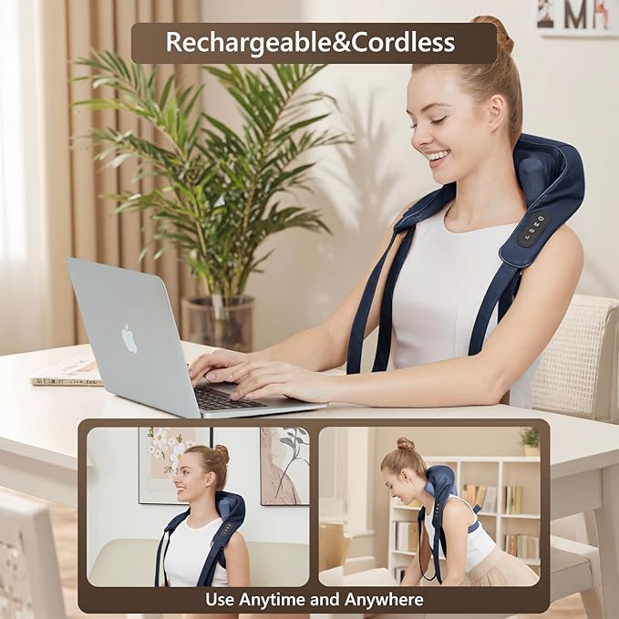 Neck Massager with Heat for Pain Relief Deep Tissue,6D Shiatsu Kneading Massage,Cordless Rechargeable for Neck,Shoulder,Gifts for Mom/Dad(PU-Dark Blue)