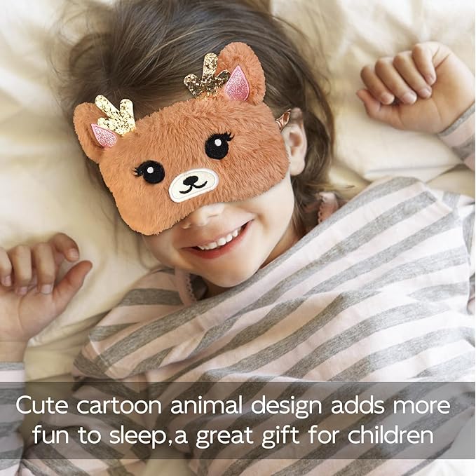 Cute Animal Sleeping Mask Sleep Mask, Xmas Reindeer Soft Plush Eye Mask for Travel Nap Funny Rudolph Blindfold Eye Cover Eyeshade for Adult Kids Girls Teens Men Women - Reindeer, Gold & Brown - Bloomnest