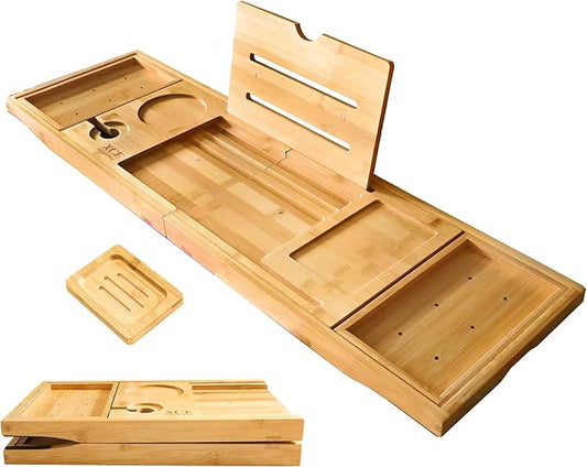 XcE Foldable Bamboo Bathtub Caddy Tray - Expandable to 41 Inches with Non-Slip Pads & Book Stand for Couples Luxury Bath - Bloomnest