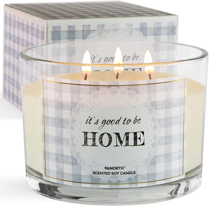 96NORTH Fresh Linen & Soft Amber Candle | Large 3 Wick Jar Candle | 12 Oz Up to 50 Hours Burning Time | 100% All Natural Soy Wax | Relaxing Aromatherapy Candle | Housewarming Gift for Women and Men - Bloomnest