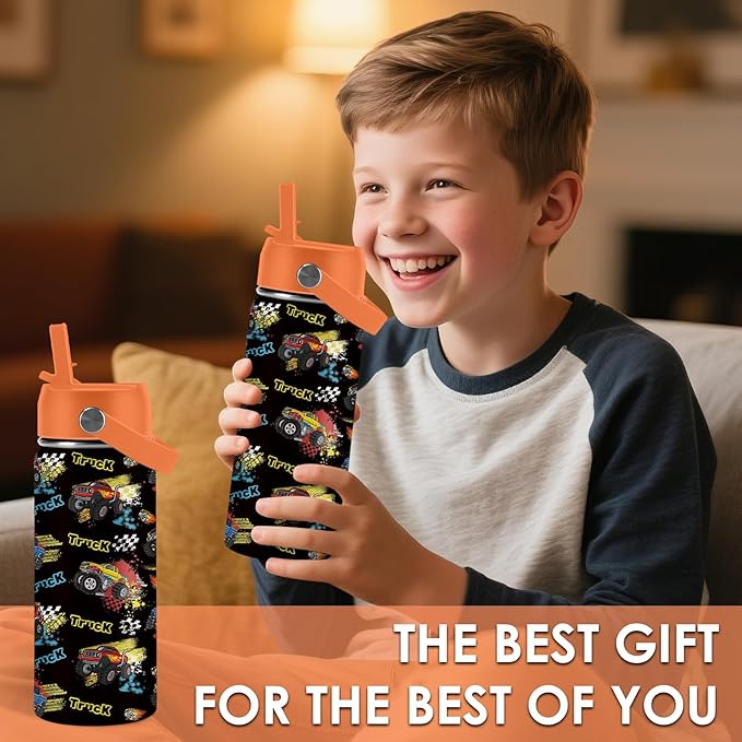 Truck Gifts for Kids - 16 Oz Kids Water Bottle with Straw Lid, Stainless Steel Insulated Tumbler, Leak Proof, BPA-Free, for Girls, School, Travel - Truck Lovers Children Birthday Gifts Cups(1pc) - Bloomnest