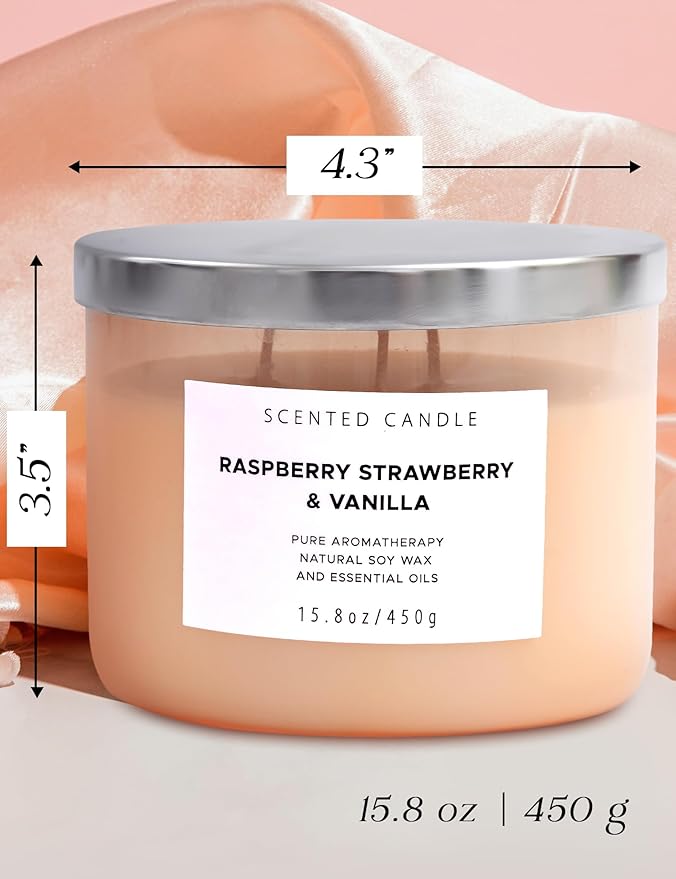 Raspberry Strawberry Vanilla 3 Wick Candle - Large 15.8 oz Soy Scented Candle, Strong Throw & Long Lasting - Fruity Berry Vanilla Candle - Aromatherapy Gift Candle for Home - Bloomnest