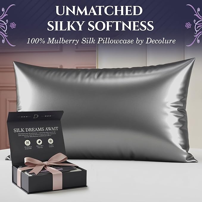DECOLURE 100% Pure Mulberry Silk Pillow Case Standard Size – Highest Grade 30 Momme 6A+, Luxuriously Soft & Cooling Silk Pillowcase for Hair & Skin, Hypoallergenic, Breathable, Hidden Zipper (Grey) - Bloomnest
