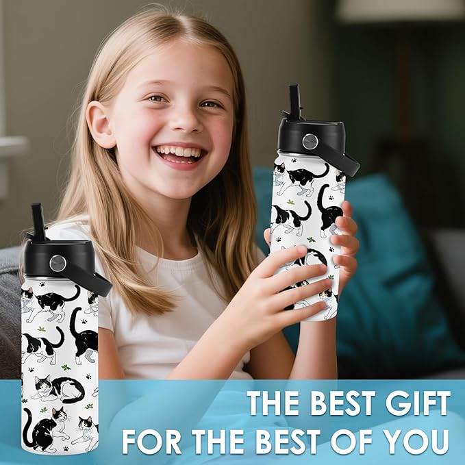 Cat Gifts for Kids - 16oz Cute Cow Cat Water Bottle with Straw Lid, Stainless Steel Insulated Tumbler, Leak Proof, BPA-Free, for Boys, Girls, School - Cow Cats Lovers Children Birthday Gifts Cups(1pc) - Bloomnest
