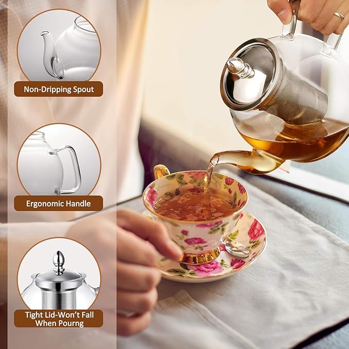 HIWARE 1500ml Glass Teapot with Removable Infuser, Stovetop Safe Tea Kettle, Blooming and Loose Leaf Tea Maker Set - Bloomnest