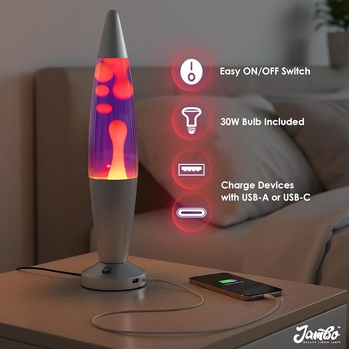 JAMBO 16" Beautiful Liquid Motion Lamp with USB -Purple with Yellow/Orange Wax for Adults, Teens and Kids, Magma Lamp, Home Decor Living Room Office Bedroom, Relaxing Night Light Nightlight - Bloomnest