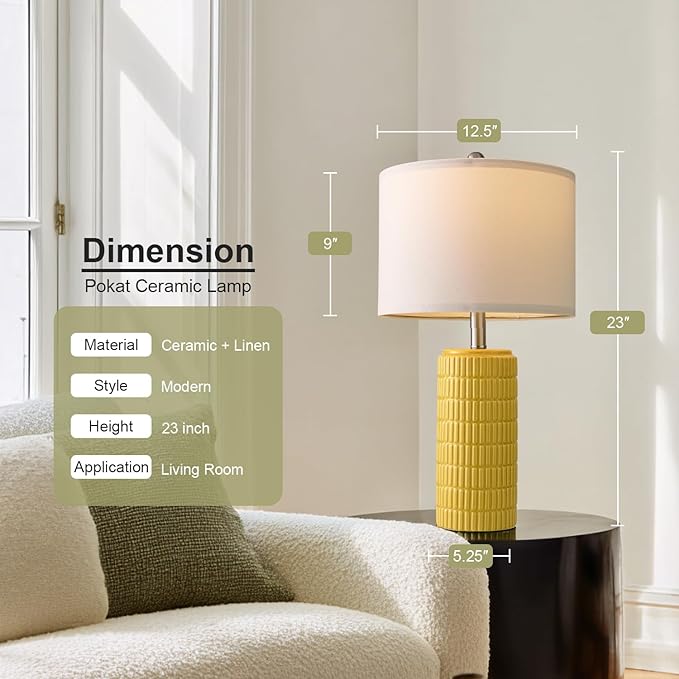 PoKat 23" Yellow Table Lamps Set of 2, Modern Living Room End Table Lamps Decor, Ceramic Lamps for Living Room, Contemporary Nightstand Lamps for Side Console Table Hallway Gift - Bloomnest