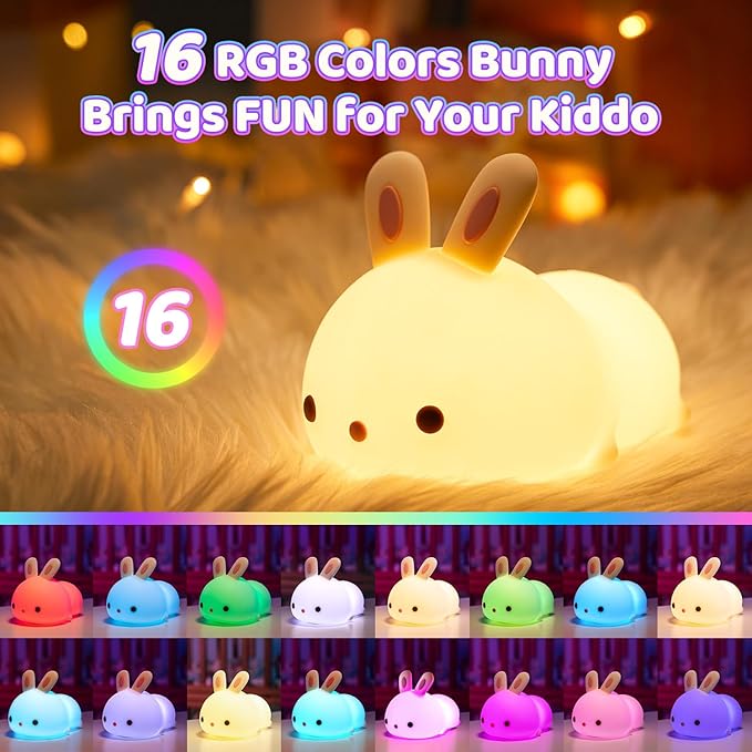 One Fire Bunny Toys for Kids Night Light for Kids, 16 Colors Cute Lamp, Soft Silicone Baby Night Light, 1200mAh Portable Dimmable Touch Lamps, Kawaii Room Decor, Christmas Gifts for College Girls - Bloomnest