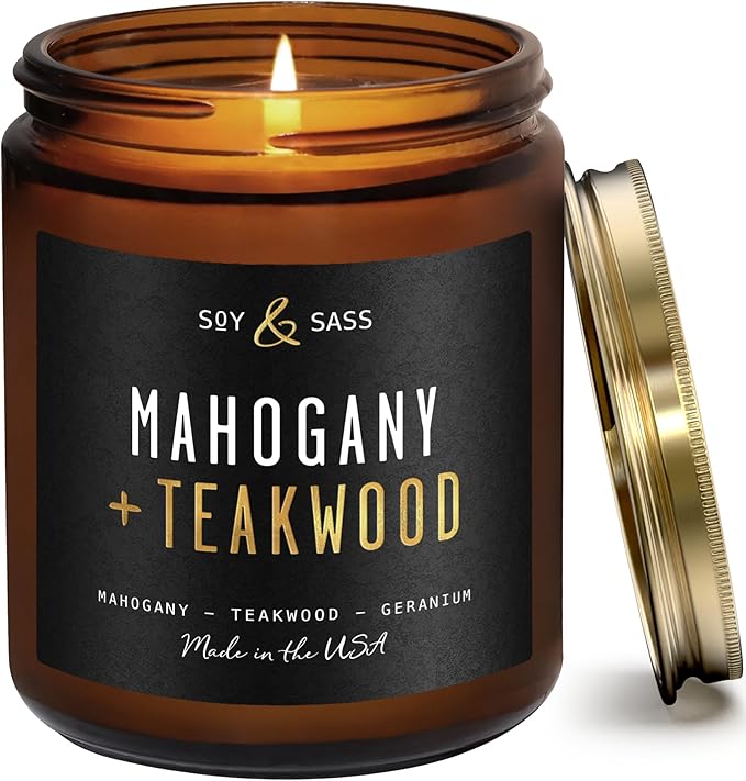 Mahogany Teakwood Candles I Scented Black Candles for Men or Women - Rich Mahogany, Teakwood & Geranium Soy Wax Mens Candle - Infused w/Essential Oils I 50Hr Burn, 9oz I Non Toxic I Made in USA - Bloomnest