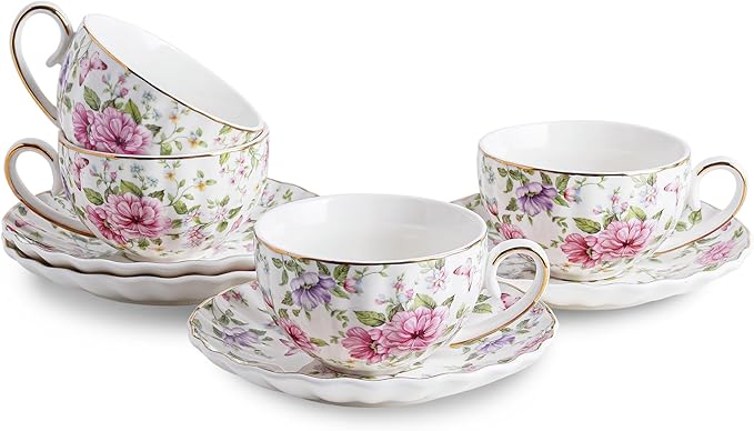 Tea Cup and Saucers, 6.4oz Floral Tea Cups with Gold Trim, Coffee Cappuccino Espresso Latte Mugs for Party Birthday,Christmas Gift (Pink and purple flowers) - Bloomnest