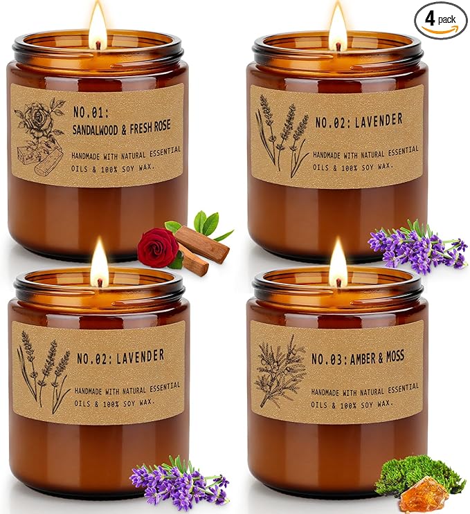 Soy Wax Candle Gift Set, 4 Pack Scented Candles for Home – Sandalwood & Fresh Rose, Lavender, Amber & Moss–Long Lasting Aromatherapy Candles for Stress Relief & Holiday Gifts for Family, Friends - Bloomnest
