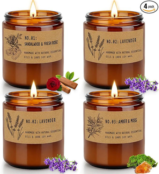 Soy Wax Candle Gift Set, 4 Pack Scented Candles for Home – Sandalwood & Fresh Rose, Lavender, Amber & Moss–Long Lasting Aromatherapy Candles for Stress Relief & Holiday Gifts for Family, Friends - Bloomnest