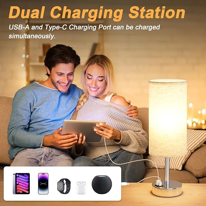 Dicoool Touch Table Lamp for Bedroom Nightstand - Bedside Lamp with USB-C USB-A Charging Ports White, 3 Way Dimmable Small Desk Lamp for Bedroom, Dorm Room, Office, Living Room, Reading, Bathroom - Bloomnest