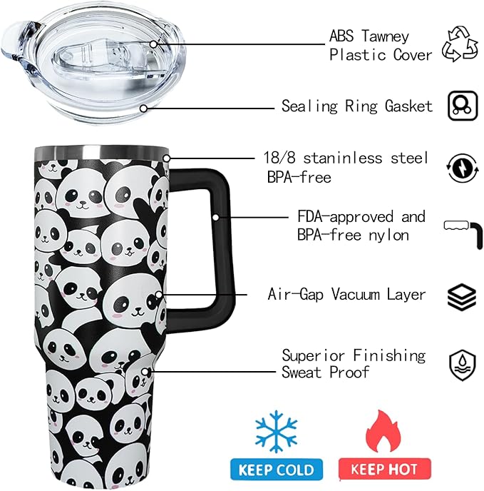 40 oz Panda Tumbler With Lid and Straw, Stainless Steel Cup Coffee Travel Mug, Gifts for Girls, Panda Stuff Decor Accessories - Bloomnest