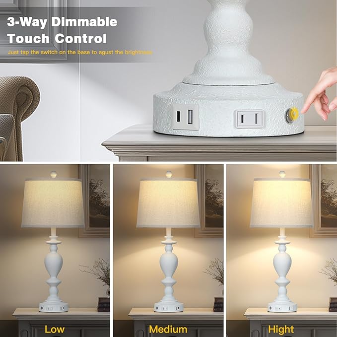 28" White Farmhouse Table Lamps Set of 2 with USB C+A Ports & AC Outlet for Vintage Living Room Rustic Bedroom,3-Way Dimmable Touch Lamp Retro Resin Bedside Lamps for Nightstand Side Table - Bloomnest