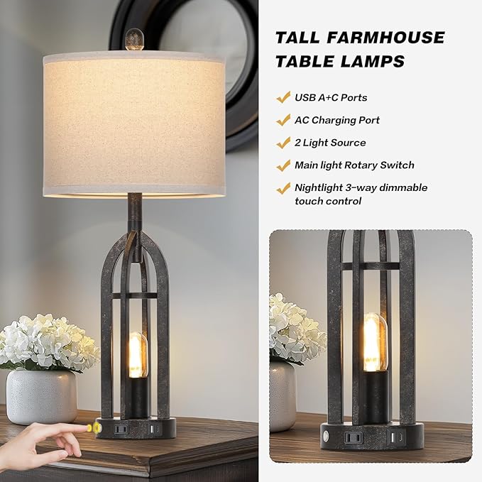 27" Rustic Table Lamps for Living Room - Farmhouse Lamps Set of 2 with USB C+A & Outlet, 3-Way Dimmable Touch Lamps for Night Stands, Vintage Bedside Lamp for End Tables,Bedroom,Bronze - Bloomnest