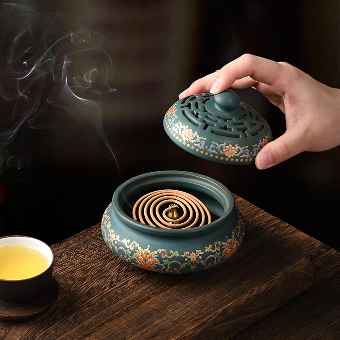Ceramic Incense Burner with Incense Holder+ Fireproof Cotton,Handmade Smudging Burn Bowl for Stick or Coil Incense,Sage Cones,Frankincense and Mosquito Incense (Enamel) - Bloomnest