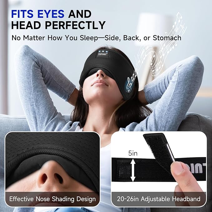 TOPOINT Sleep Mask with Bluetooth Headphones, Breathable Silk Eye Mask for Sleeping Men Women, Bluetooth Sleep Mask Blackout with Speakers, Microphone Handsfree, USB C for Travel Meditation Gifts - Bloomnest