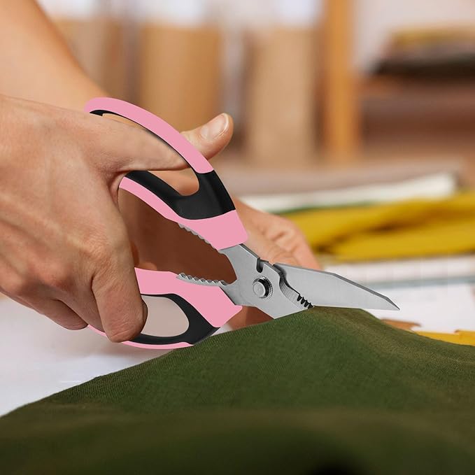 8-Inch Heavy Duty Utility Scissors All Purpose, Serrated Blade, Pink Comfort Grip for Cutting Carpet, Cardboard, Leather, Fabric, Multipurpose Sharp Shears for Kitchen, Garden, Office, Carft - Bloomnest
