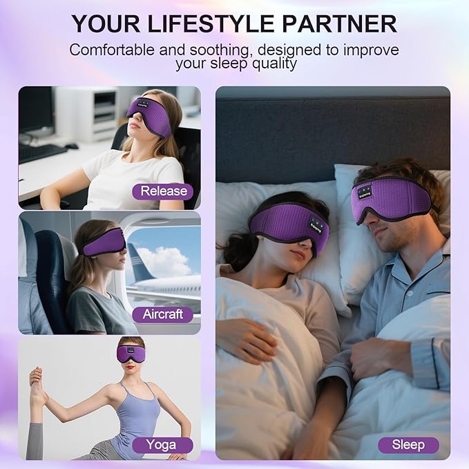 Sleep Headphones, Sleep Mask Bluetooth Wireless Music Eye Mask, Sleeping Mask for Side Sleepers Sleep Mask with 3D Bluetooth Headphones Ultra-Thin Stereo Speakers Perfect for Sleeping (Purple) - Bloomnest