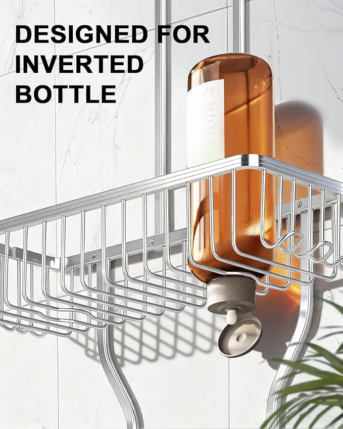 Shower Caddy Hanging - Never Rust Shower Hanging Organizer - Aluminum Over the ShowerHead Caddy with Soap Basket and 6 Hooks for Razor/Sponge (Frosted Silver) - Bloomnest