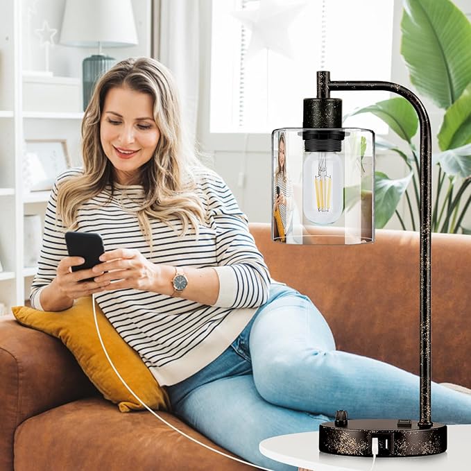 Set of 2 Industrial Table Lamps with USB Port, Rustic Black Fully Stepless Dimmable Bedside Lamps for bedrooms, Nightstand Desk Lamps with Clear Glass Shade for Reading Living Room Office 2 LED Bulb - Bloomnest