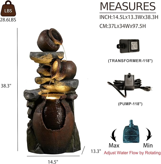 Garden Water Fountain Outdoor Decor - 38.4" 3 Tier Standing Cascading Waterfall Outdoor Water Fountain with LED Lights & Pumps,Natural Design for Garden,Patio, Porch, Backyard, Home Art Decor - Bloomnest